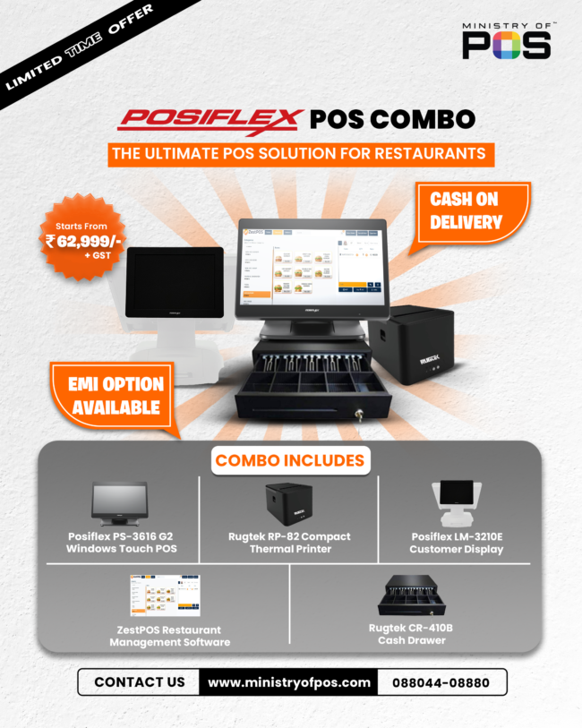 Posiflex POS Combo For Restaurants - Windows Touch POS | Thermal Printer | Cash Drawer | Customer Display | Restaurant Management Software